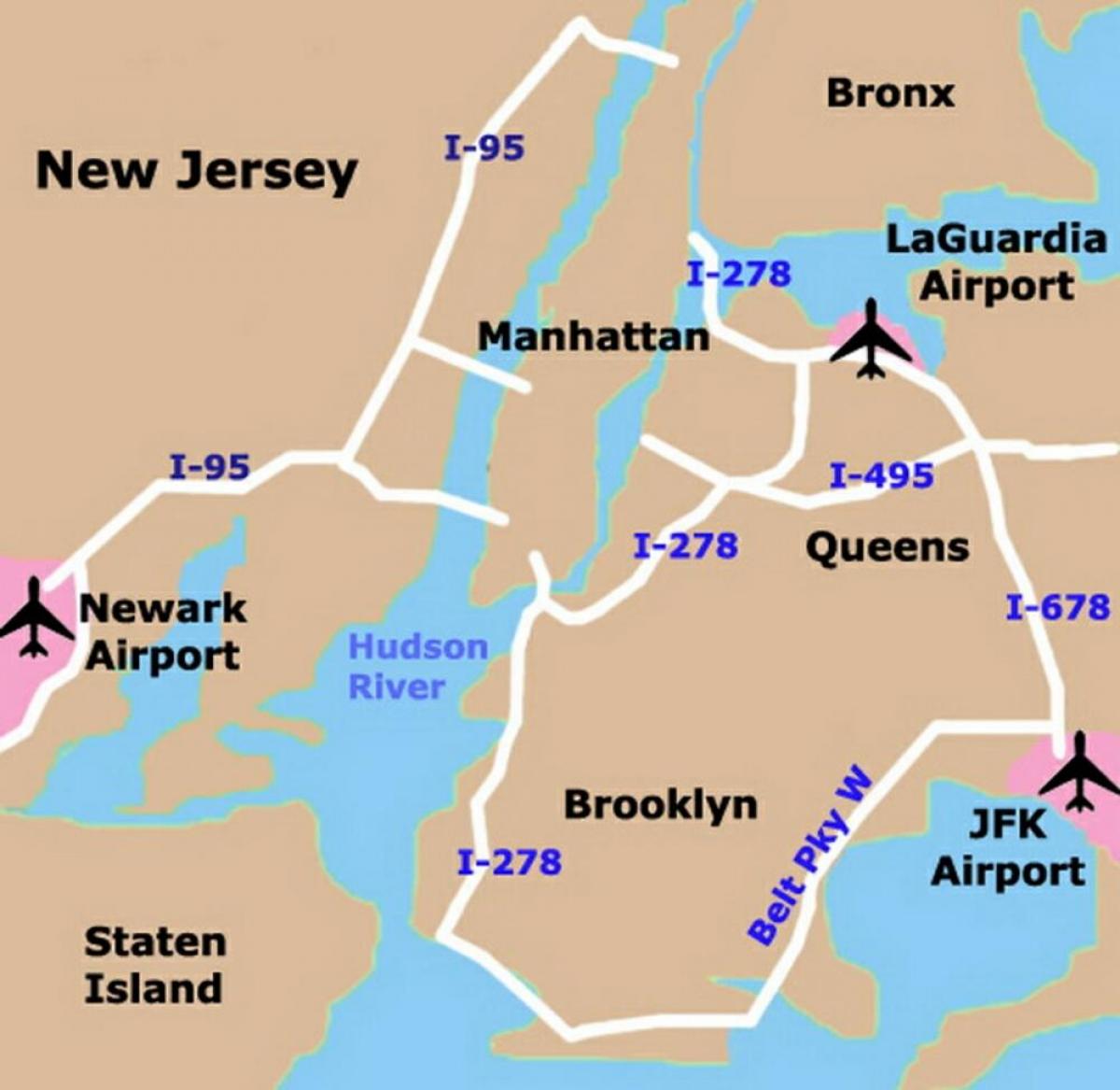 Nova York, os aeroportos da área do mapa