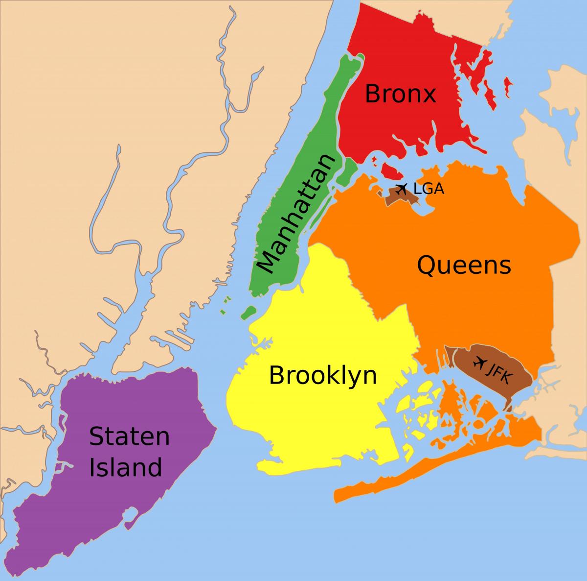 Mapa da Cidade de Nova York bairros - Mapa dos cinco distritos de Nova